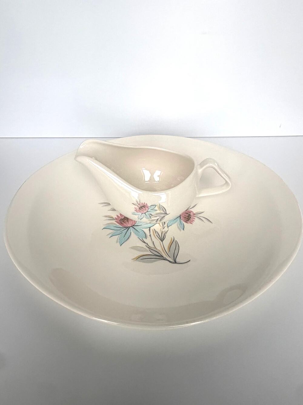Vintage Steubenville Pottery serving platter and gravy boat in Fairlane pattern